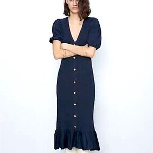ZARA Navy Blue Gold Button Knit Dress Size Small